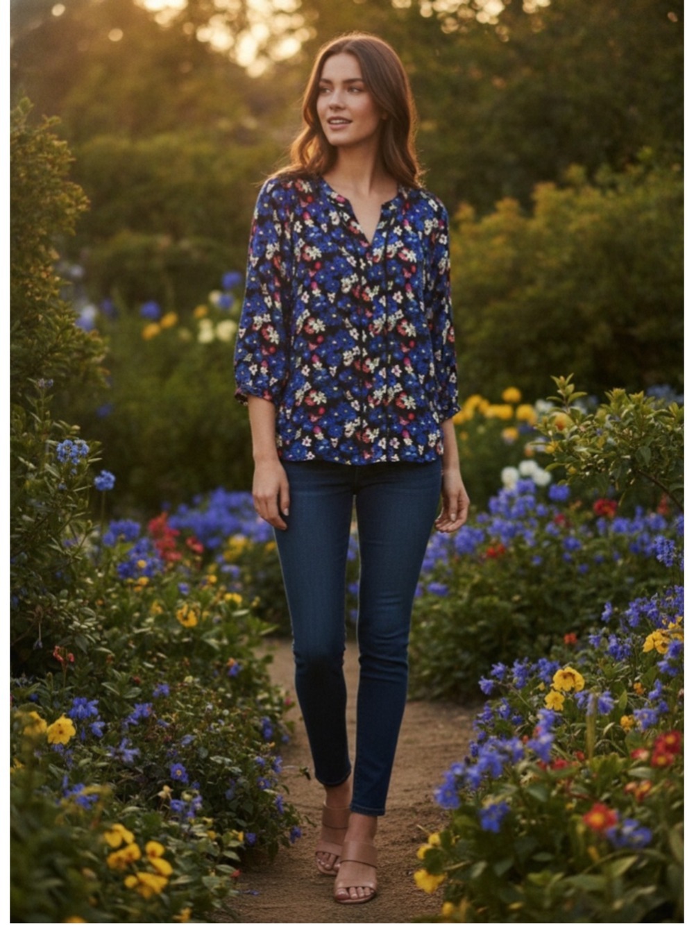 LP Talbots blue floral summer blouse 3/4 length sleeve